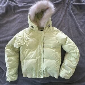 Gap Puffer Jacket Womens Small Neon Green Hooded Fur Trim Retro Y2K Outdoor Down